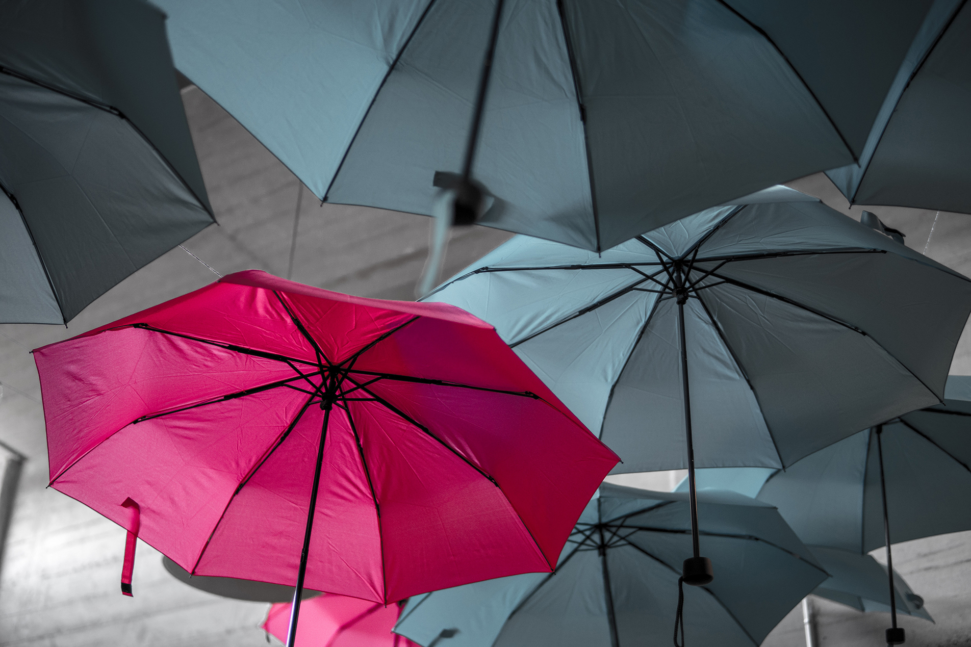 engaging your audience - one red umbrella in the midst of all grey umbrellas - stand out!