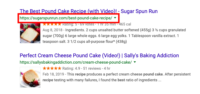 url optimization - pound cake SERP