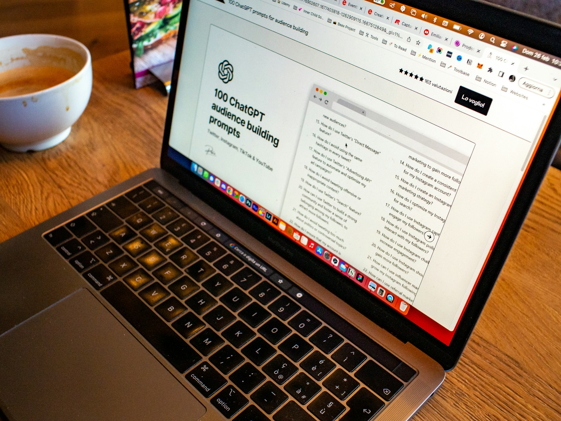 ChatGPT open on computer with the screen showing 100 audience building prompts, which helps to show how AI is changing content marketing.