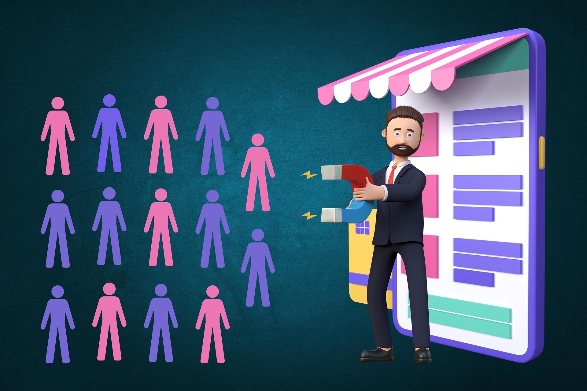 Illustration of a man holding a magnet at a group of people, showing how a lead magnet will bring people in.