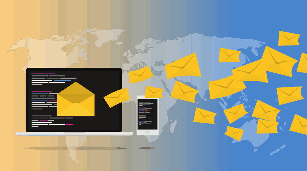 Envelopes flying from a computer and phone through the air symbolizing an email newsletter being sent out to the small business contact list.