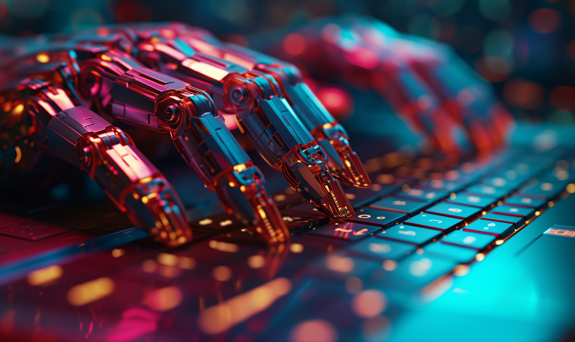 Robot (AI) typing on a keyboard like how humans write content.