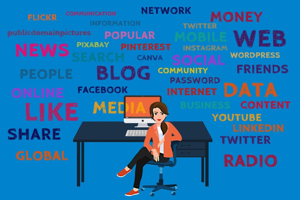 An illustration of an entrepreneur is sitting at a laptop with words all around her for different marketing channels she can use to promote her business.